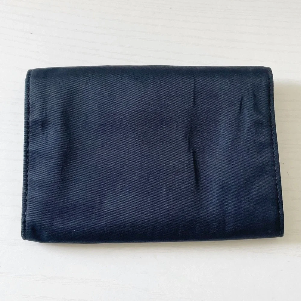 Prada navy blue Tessuto nylon triangle logo trifold medium snap wallet